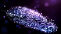 Digital fingerprint scan with glowing purple and blue particles on dark background, futuristic biometric security technology for identity verification.