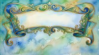 Watercolor ornate banner with golden floral scrollwork on a blue and green background, featuring an empty frame for text or design.