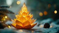 Golden lotus flower glowing with warm light surrounded by evergreen branches and bokeh lights creating magical winter holiday atmosphere for meditation decor.