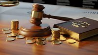 Wooden gavel with golden coins and law book on desk representing legal fees, court costs, financial litigation, and justice system expenses.
