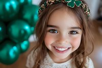 Young girl with bright smile wearing shamrock headband against green holiday decorations, celebrating St Patrick's Day. Natural lighting highlights joyful expression.