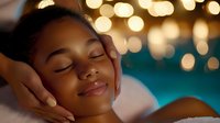 Young African American woman enjoying relaxing facial massage at luxury spa with soft bokeh lights creating peaceful ambiance and serene atmosphere.