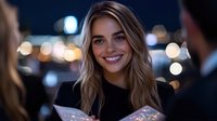 Young blonde woman smiling while holding sparkly phone case at night, with blurred city lights and bokeh effect in background, wearing black top, natural makeup look.