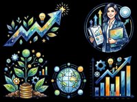 Watercolor business growth clipart set with charts, globe, plant, coins, and a young Hispanic businesswoman, isolated on transparent background, ready for stickers, T-shirts, print on demand.