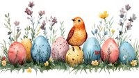 Watercolor Easter composition with decorated eggs in pastel colors, orange bird, spring wildflowers and grass creating festive holiday border arrangement.