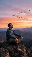 Man sitting on rocky mountain peak watching flock of birds flying in formation during golden hour sunset. Caucasian male in casual outdoor clothing contemplating nature landscape.