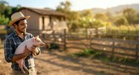 Male farmer holding piglet on rural farm with wooden fence and barn in background during daytime agricultural work.