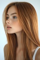 Young Caucasian woman with long strawberry blonde hair, natural freckles, and blue eyes gazing away against white background in soft natural lighting.