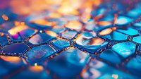 Macro photography of hexagonal metallic surface with orange and blue reflections creating futuristic technological pattern. Abstract background with dramatic lighting.