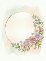 Watercolor floral frame with gold circle border, pastel roses, and botanical elements on soft background. Perfect for wedding invitations, greeting cards, and decorative designs.