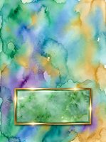 Watercolor wash background with vibrant green, blue, yellow, and purple blending, featuring a gold-framed rectangular text box for customizable messaging and design layouts.