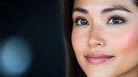 Close up portrait of young Asian woman with natural makeup, glowing skin, and gentle smile against dark background with bokeh light effect.
