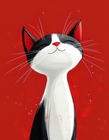 Cartoon black and white cat with happy expression on vibrant red background, perfect for children's books or greeting cards.