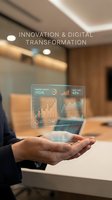 Businessman holding holographic data analytics dashboard with charts and graphs in modern office environment for digital transformation presentations.