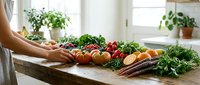 Young adult female with medium skin tone arranging fresh organic vegetables on wooden table in bright kitchen, displaying carrots, tomatoes, peppers, and leafy greens for healthy cooking and meal preparation.