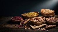 Wooden bowls filled with assorted legumes and nuts including lentils, chickpeas, peanuts and beans arranged on rustic surface for cooking and nutrition.