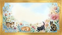 Ornate golden frame with playful cats and floral border featuring paw prints, roses, and botanical elements on soft pastel background for greeting cards.