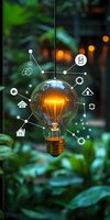 Glowing lightbulb with connected smart home icons and network lines floating against green nature background, representing innovative technology solutions.