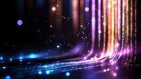 Abstract digital data streams with glowing neon light trails in purple and orange colors flowing through dark cyber space with bokeh effects.