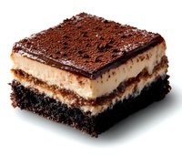 Layered chocolate dessert with creamy vanilla filling, dark chocolate base, and cocoa powder topping on white background. Appetizing slice shows distinct layers.