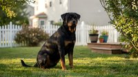 Young Rottweiler dog sitting on green grass in suburban backyard with white fence and house in background during golden hour sunlight.