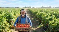 Mature male farmer with dark hair and beard, wearing blue shirt and hat, holding wooden crate of fresh red tomatoes in vegetable field during harvest season for agricultural and farming industry use.