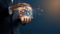 Businessman hands protecting glowing digital globe with network connections representing global business technology and data protection concepts.