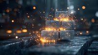 Glowing magical treasure chests emit golden light and sparkles on dark stone surface, creating mysterious fantasy atmosphere with bokeh light effects in background.