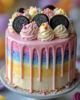 Rainbow layer cake decorated with pink drip icing, cream swirls, chocolate sandwich cookies and colorful sprinkles on white cake stand against blurred background.