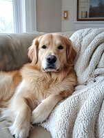 Golden retriever dog relaxing on cozy beige sofa with knitted blanket in bright modern living room interior for pet care and home comfort concepts.