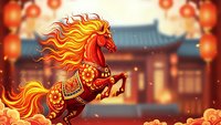 Fiery red horse with golden mane rearing up during Chinese New Year celebration with traditional lanterns and architecture in background.