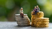 Miniature elderly people sitting on stacks of coins representing retirement planning, financial security, and pension savings for senior citizens.