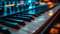 Close-up view of electronic piano keyboard with control knobs and colorful bokeh lights in background, dramatic blue and orange lighting creates moody atmosphere.