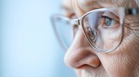 Senior Caucasian woman wearing glasses in profile view against blue background, close-up portrait showing aging skin texture and thoughtful expression.