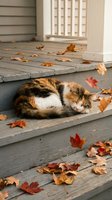 Calico cat resting on wooden porch steps surrounded by fallen autumn leaves, seasonal outdoor scene for fall and pet lifestyle content.