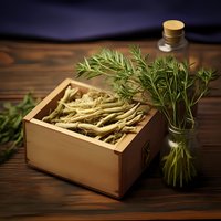Fresh ginseng roots in wooden box with rosemary herbs and glass bottle on dark wooden table, moody natural lighting for wellness and herbal medicine.