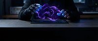 Futuristic robotic hands holding glowing purple energy sphere with electric effects in dark sci-fi laboratory setting for technology concepts.