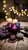 Cozy spiritual altar with purple candles, amethyst crystals and warm bokeh lights creating peaceful meditation atmosphere for wellness rituals.