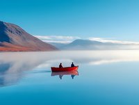 Two people rowing red boat on tranquil mountain lake with mirror reflection of hills and blue sky, peaceful morning mist creates serene outdoor atmosphere.