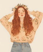 Young woman with long red wavy hair wearing floral crown and peach-colored blouse with rose pattern, paired with light denim jeans, romantic spring fashion illustration.