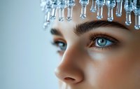 Close up view of bright blue eyes with long eyelashes and perfect eyebrows, wearing crystal crown headpiece against light background, beauty fashion portrait.