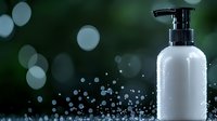 White cosmetic pump bottle with water droplets on dark green bokeh background for skincare and beauty product packaging design.