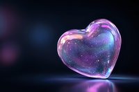 Glowing heart shape with iridescent soap bubble texture floating on dark background with purple and blue bokeh lights, romantic magical atmosphere.