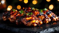 Juicy grilled chicken thighs with caramelized glaze and fresh herbs on dark stone surface against blurred bokeh lights background, food photography.
