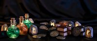 Mystical potion bottles with glowing liquids, ancient coins, runes and magical artifacts on dark fabric background for fantasy gaming and storytelling projects.