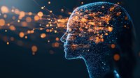 Digital network profile with glowing orange particles and light dots forming human head shape against dark background, representing artificial intelligence and mind technology.