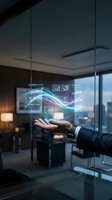 Businessman holding glowing digital analytics dashboard with growth charts and data visualization in modern office with city skyline view for business technology concepts.