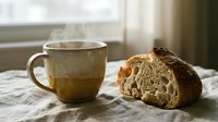 Steaming ceramic mug beside a rustic sourdough bread slice on a linen cloth, warm morning light creating a cozy breakfast atmosphere.
