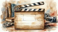 Vintage film clapper board with books, camera, and film reels on watercolor background. Suitable for cinema, filmmaking, media production, and entertainment industry projects.