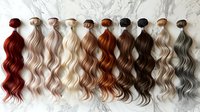 Hair color palette samples showing wavy texture extensions in various shades from red to blonde to brown and gray on marble background for salon use.